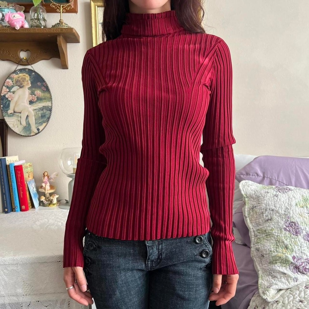 Bebe Silk Blend Ribbed Turtleneck Long Sleeve Top Red Burgundy Womens Medium - Picture 3 of 5